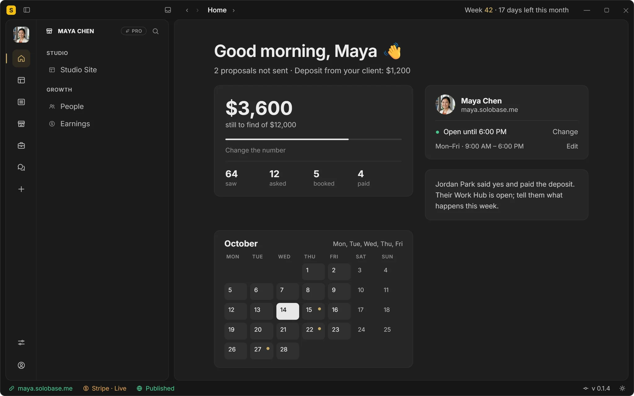 The SoloBase app’s Home: Good morning, Maya; $3,600 still to find of $12,000; 64 saw, 12 asked, 5 booked, 4 paid; October’s calendar