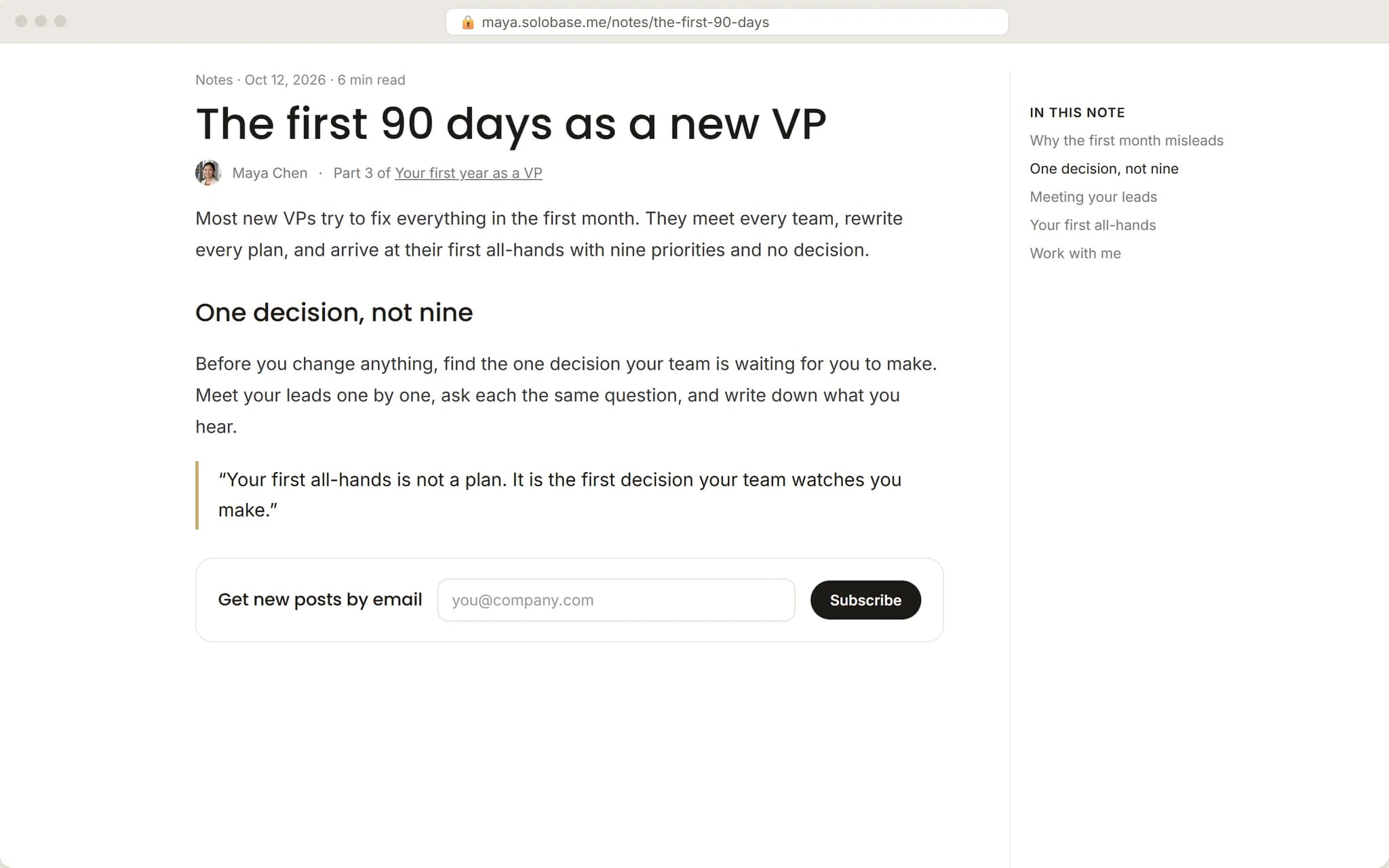 What a reader sees: one of Maya’s notes on her own domain, with Get new posts by email