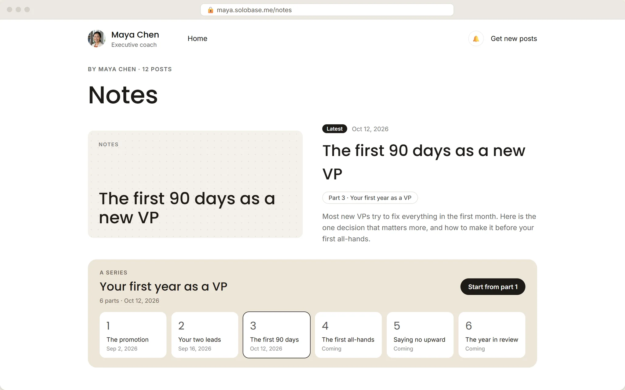 What a reader sees: Maya’s Notes, with the latest post and a series