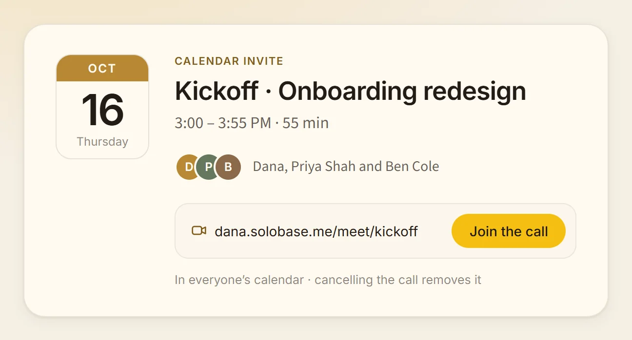 A calendar invite for a 55-minute kickoff on Thursday, October 16, with three people and a link to join the call.