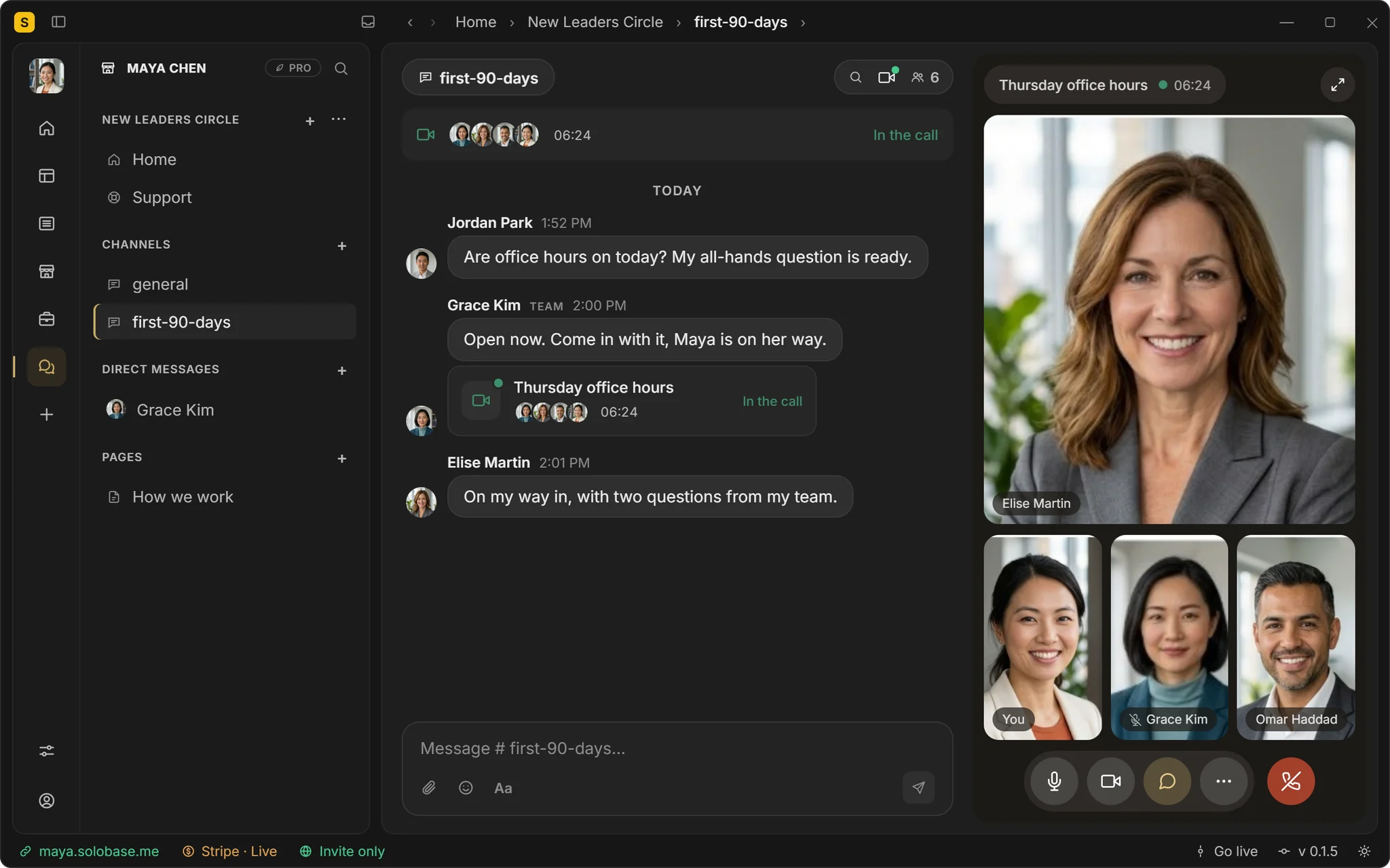 Thursday office hours in the SoloBase app: four people on a call beside the Community Hub channel where the questions were asked