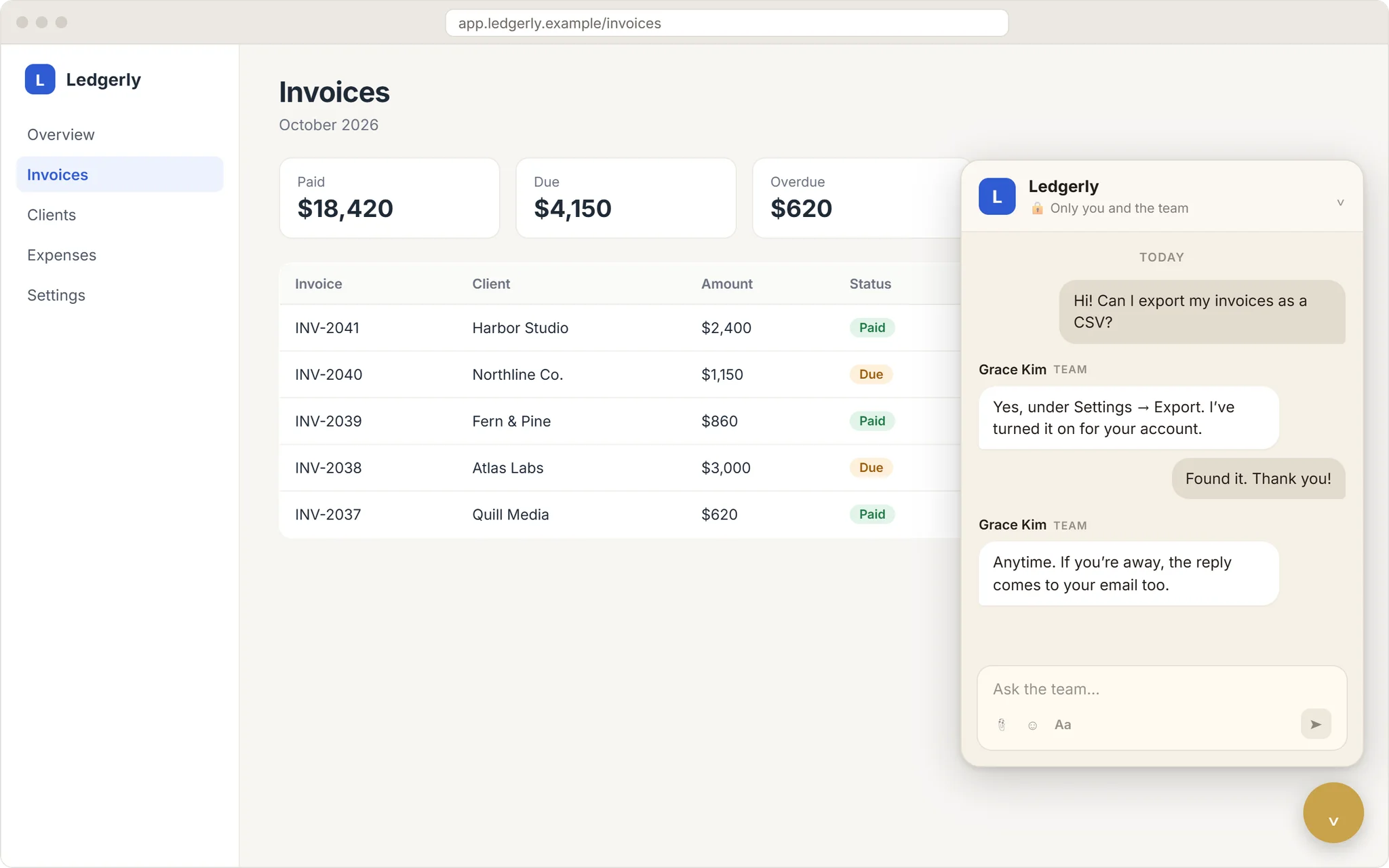 Get help on a customer’s own app: a Help button opens a private conversation with the team, in the app’s own name