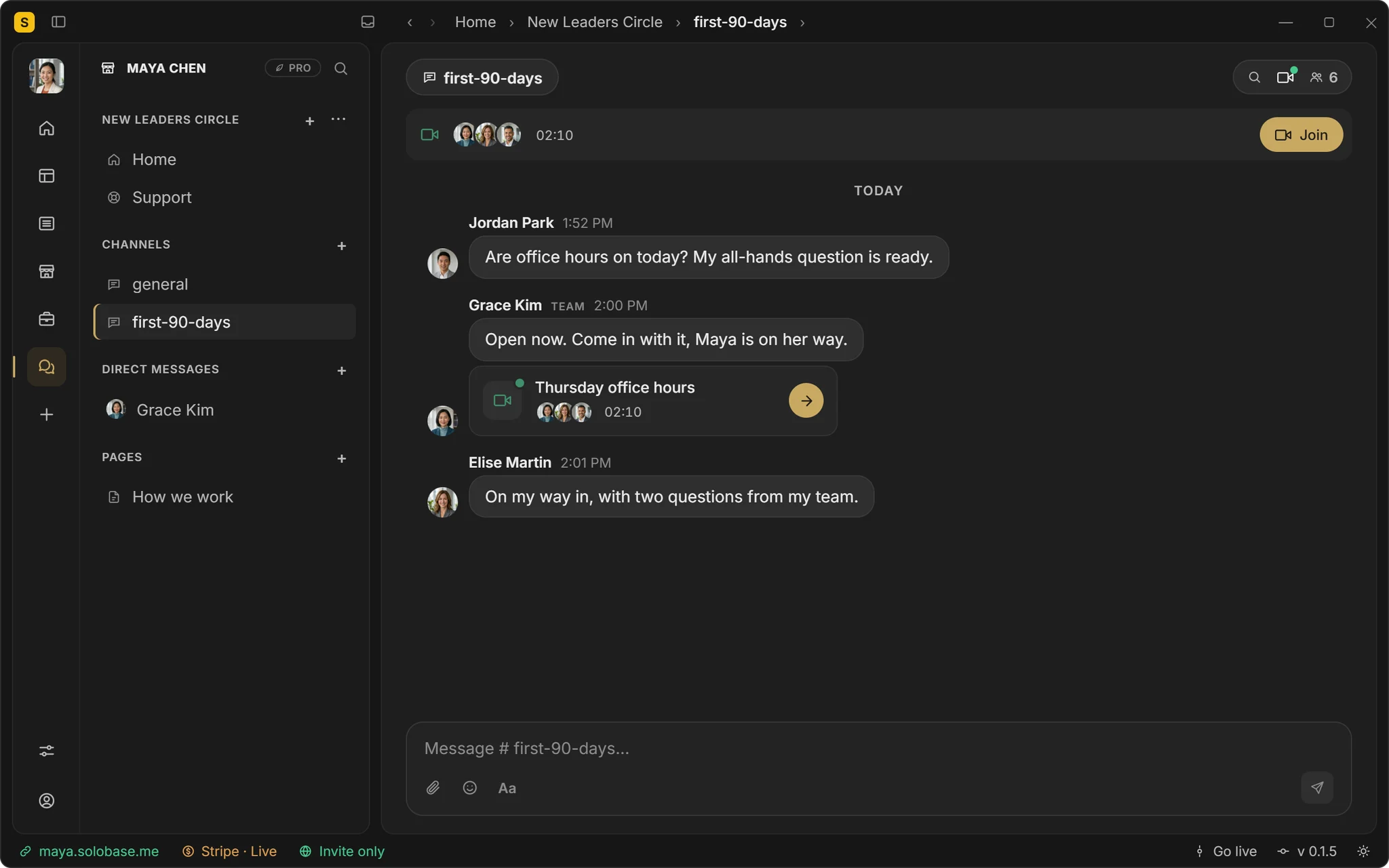 Thursday office hours in a Community Hub channel: Grace from Maya’s team says the call is open and members join from the chat