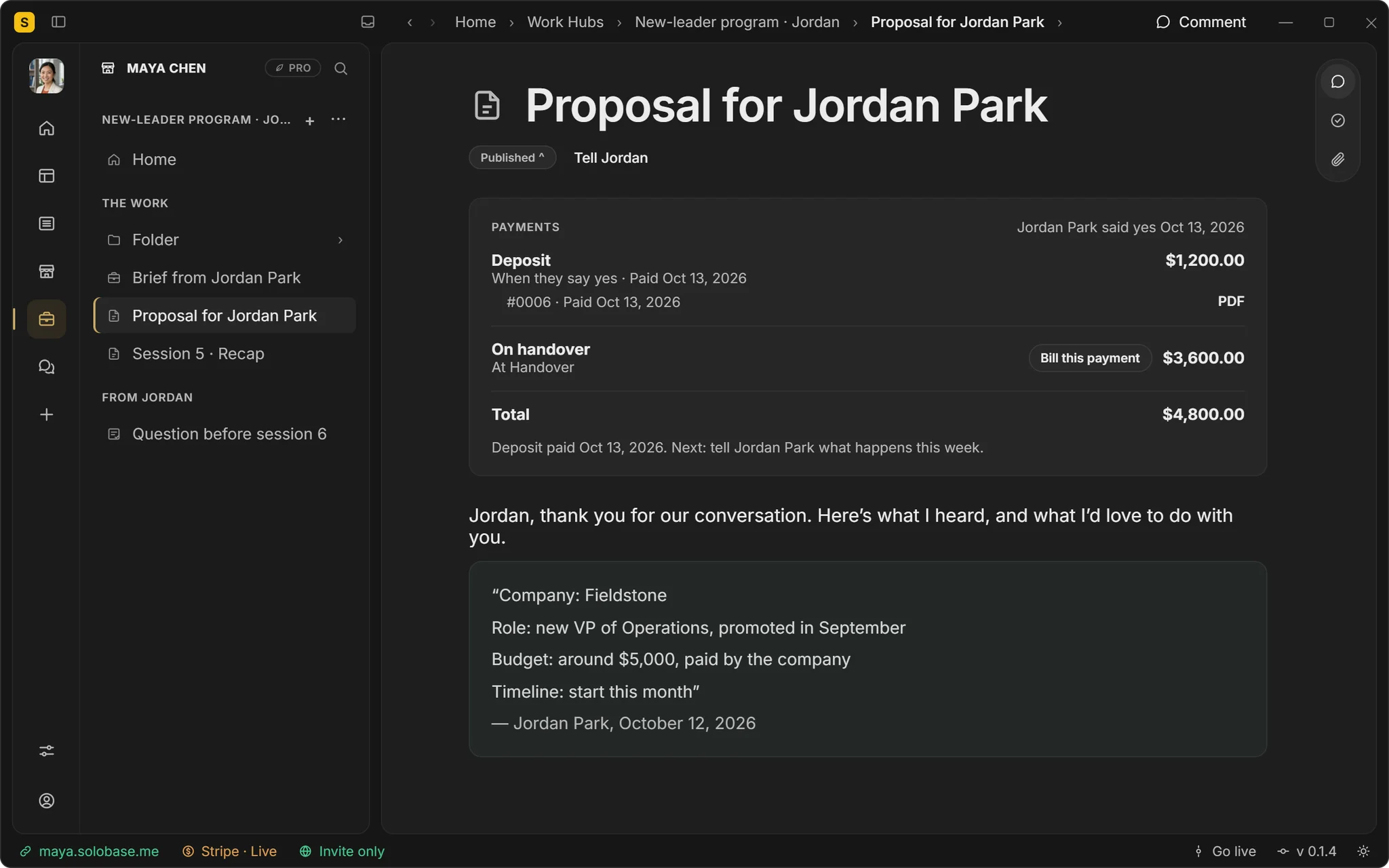 A signed proposal in the SoloBase app: the deposit paid with its numbered invoice