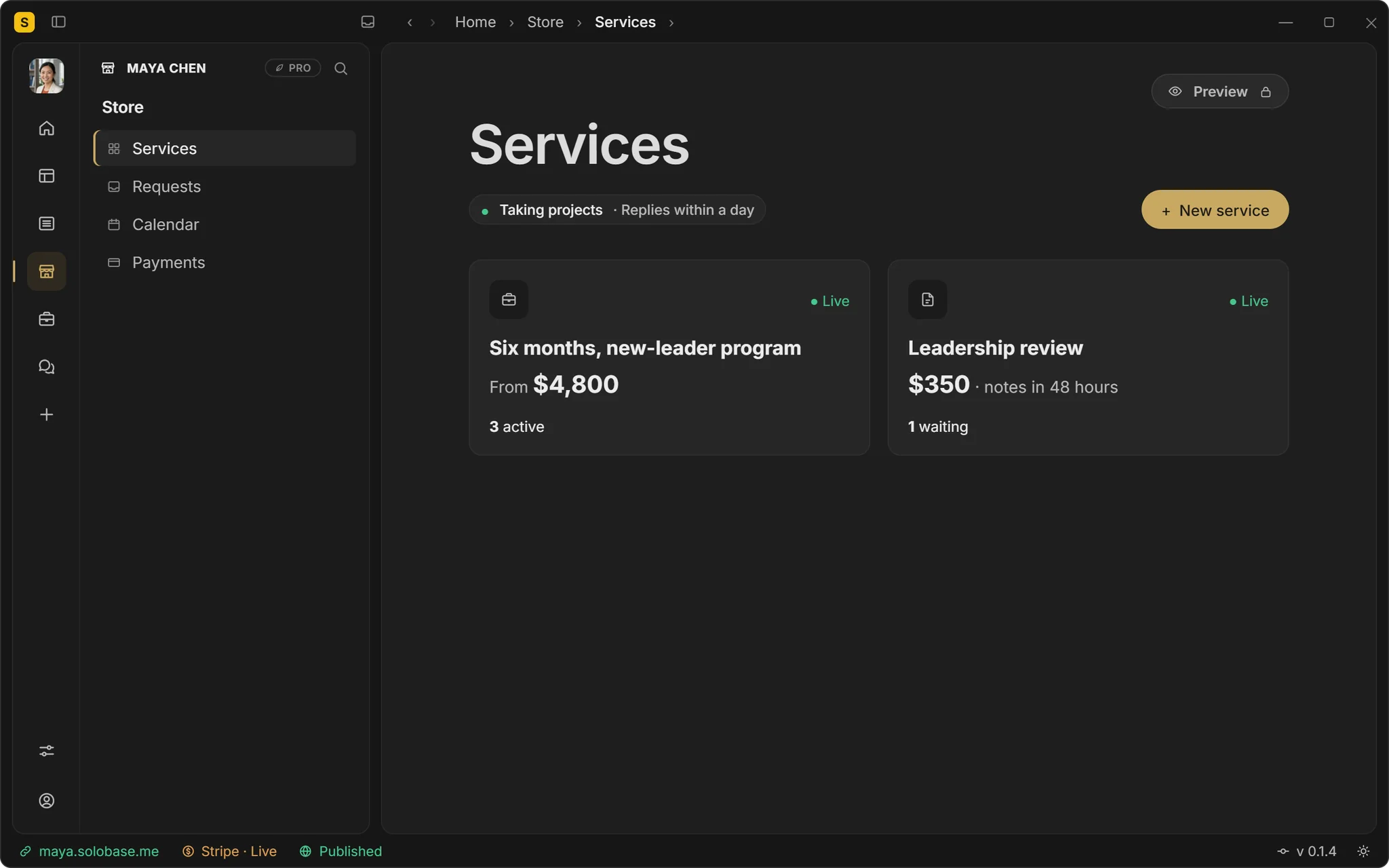 The Store Hub in the SoloBase app: services with their prices