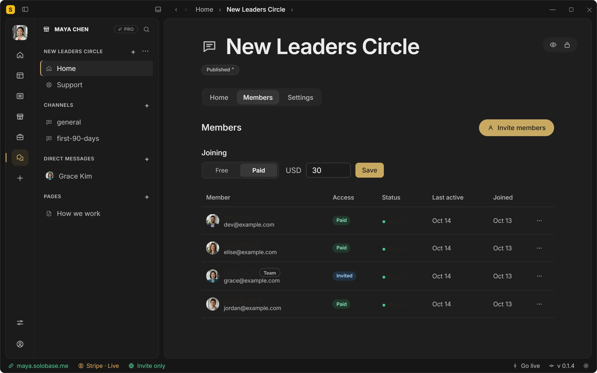 A Community Hub’s members in the SoloBase app: paid or free to join, with the price in USD