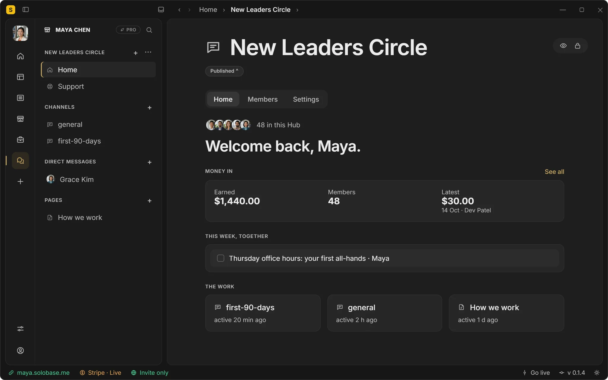 A Community Hub’s Home in the SoloBase app: $1,440 earned, 48 members, Thursday office hours this week and the busy channels