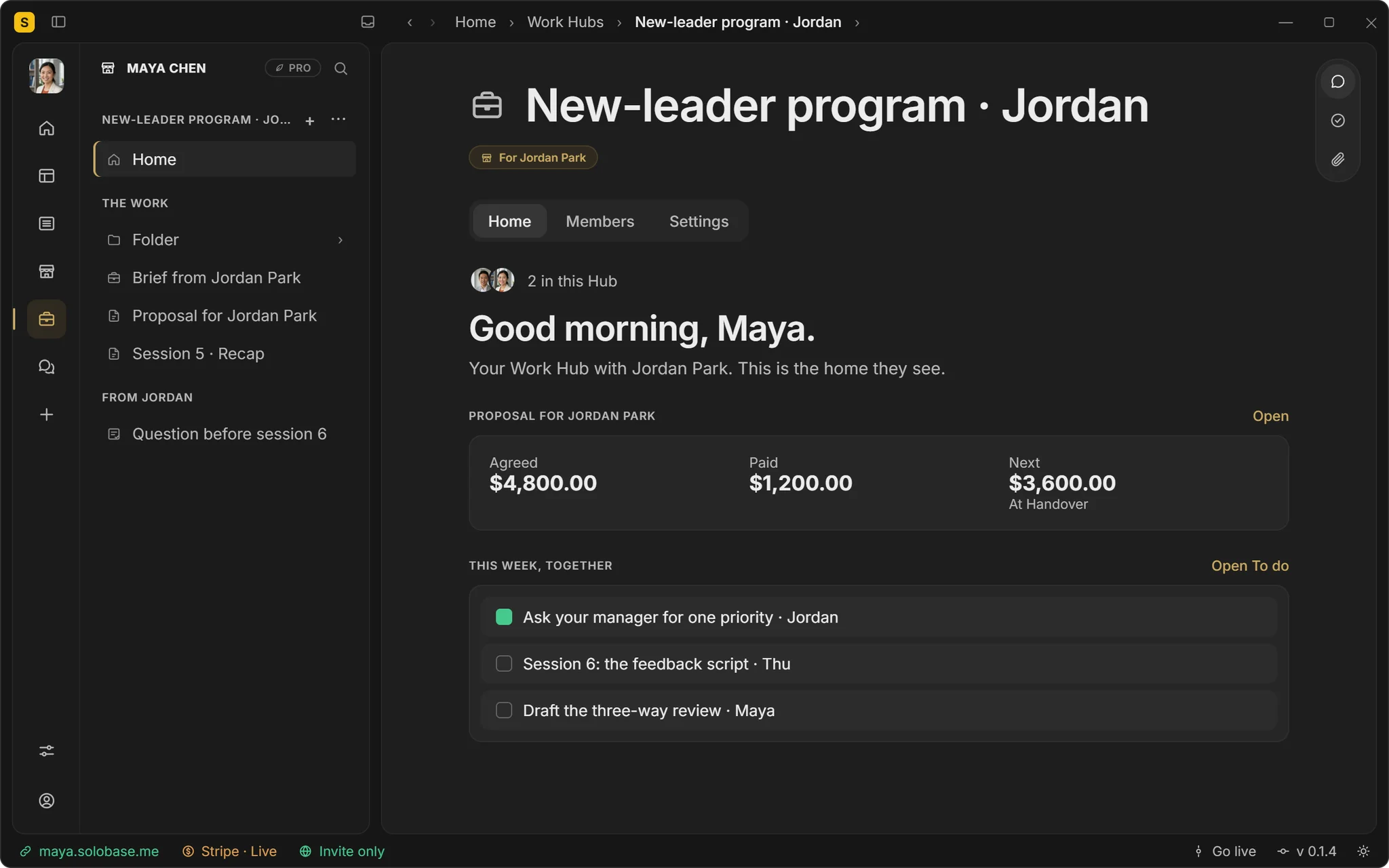 A client’s Client Hub in the SoloBase app: agreed, paid and next, and this week’s tasks for both