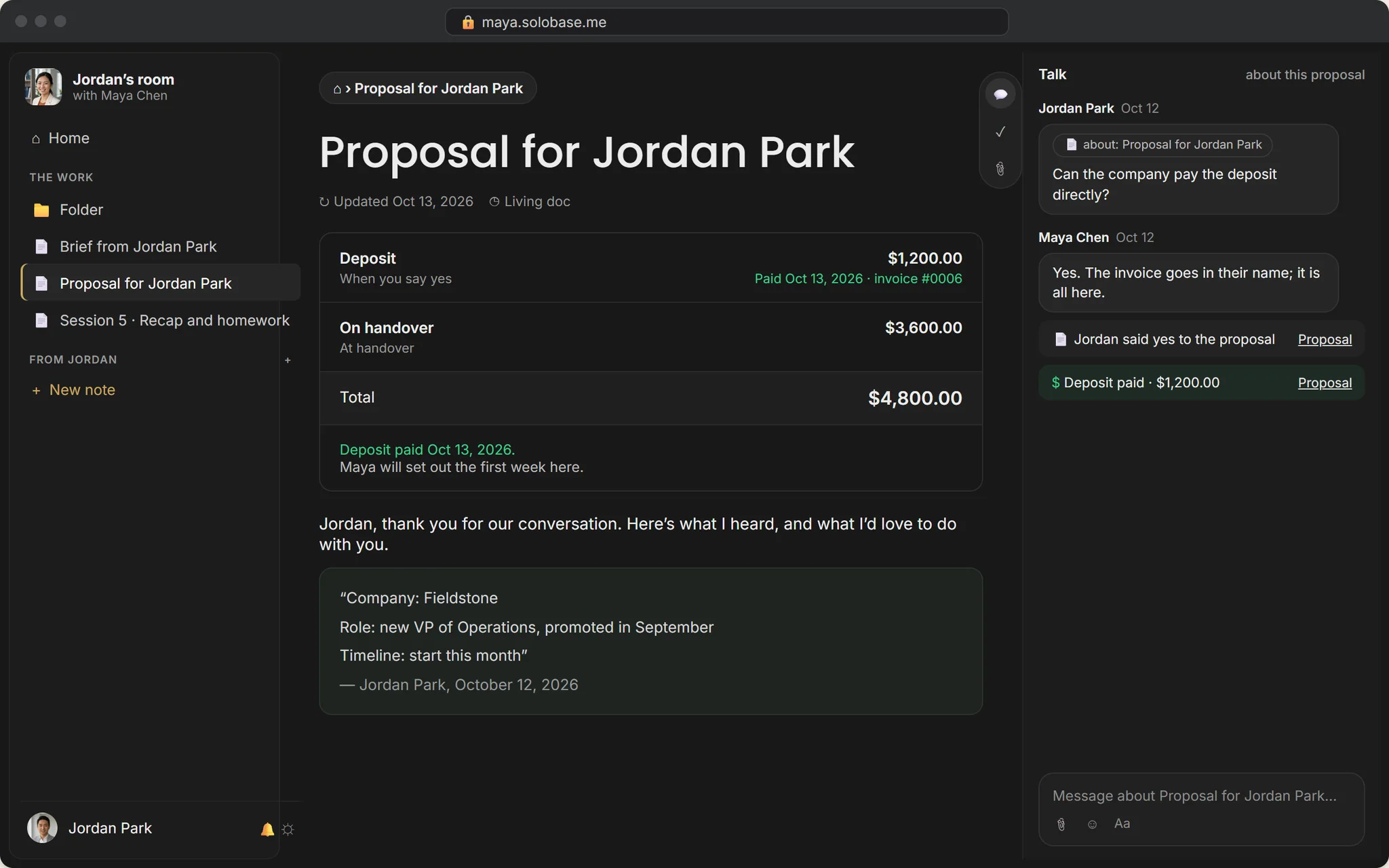 What the client sees: the proposal with the deposit paid, its invoice, and Talk about it