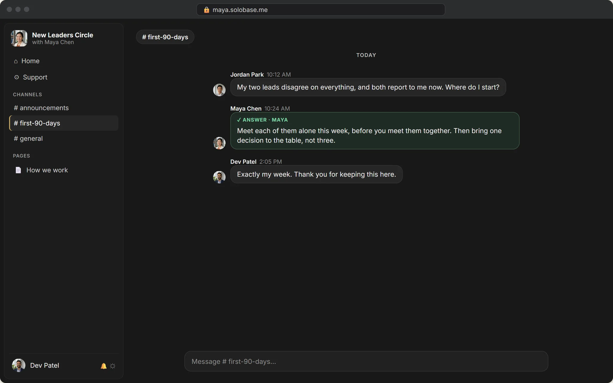What a member sees: a Community Hub channel on Maya’s own domain, her answer kept for everyone